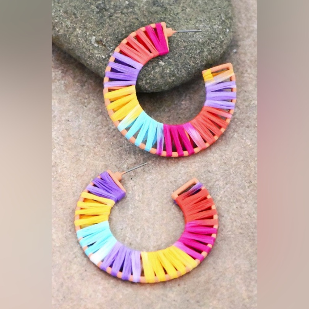 3/$20 Handmade Raffia Rainbow Hoop Earrings